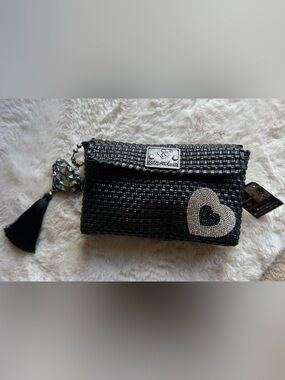 Black Woven Rhinestone Accent Clutch handbag